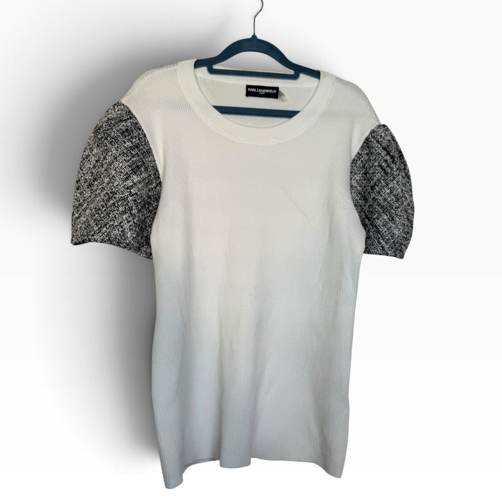 Karl Lagerfeld Paris White Ribbed Knit Top with Tweed Puff Sleeves